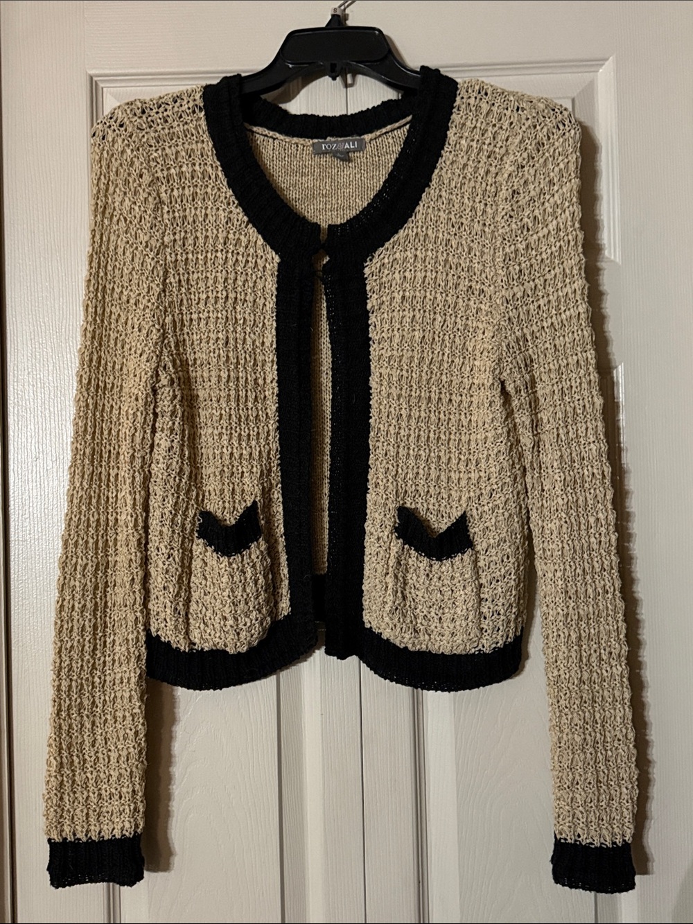 Roz & Ali Tan Knit Cardigan with Black Trim!